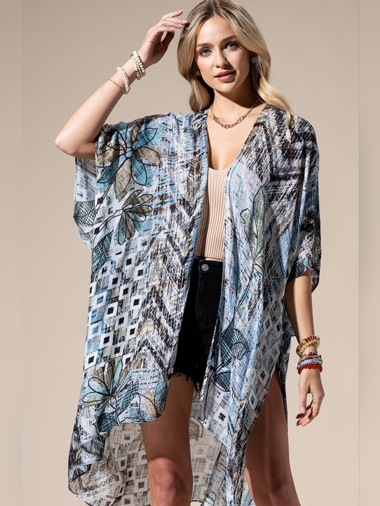 Onedder Other - Abstract Boho Floral Open Front Kimono or Swimsuit Coverup Lightweight NWT